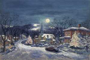 Grant Reynard, Moonlight Village oil on panel, c 1940s-50s