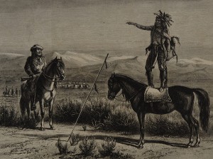 William de la Montagne Cary, A Chief Forbidding the Passage of a Train Through His Country, published in Harper's Weekly,. On loan from the collection of Eva and George Neubert.
