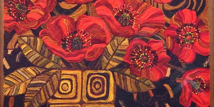Molly, Anderson, Red Poppies, wool, glass beading, masonite