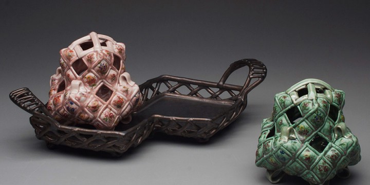 Margaret Bohls, Pink and Green Leaf Vases on Tray, porcelain and stoneware