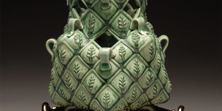 Margaret Bohls, Green Leaf Vase on Trivet, porcelain and stoneware