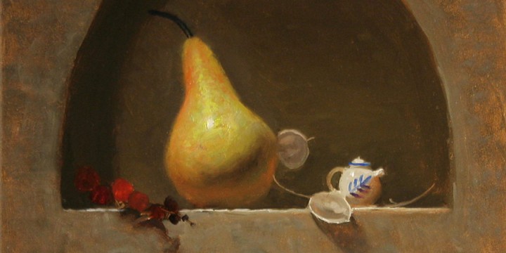 Jeremy Gooding, Pear and Miniature Teapot, oil