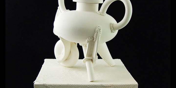 Jake Jacobson, Teapot with Vestige & Draped Pedestal from the Second Automata Series, ceramic with glazed surface
