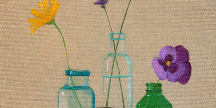 Thompson, Bottles & Flowers, oil on canvas