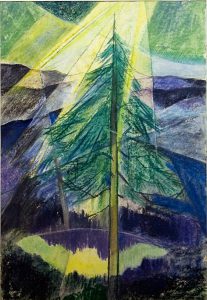 Myra Biggerstaff, Pine Tree at Sunrise, pastel, watercolor, n.d.