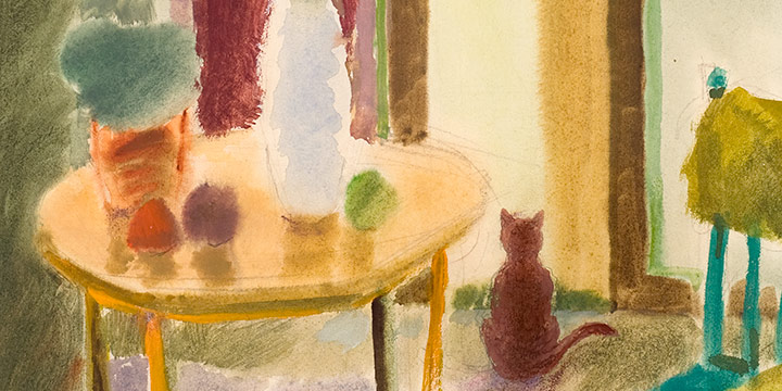 Myra Biggerstaff, Interior with Cat, watercolor, 1946