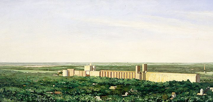 Tim Klunder, Elevators, Lincoln (looking southwest from the Capitol building observation deck), acrylic on board, 1996