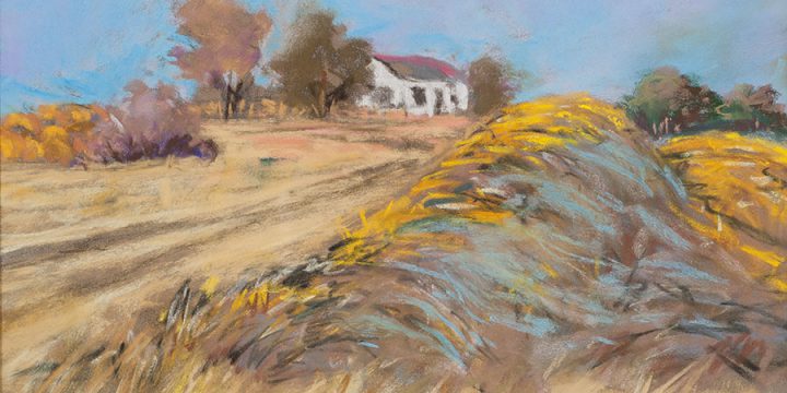 Mary Louise Tejeda Brown, A Nebraska Sketchbook #2137- Wasserburger Farm. The reflection of the blue sky on the yellow hay had caught my eye. January 29, 1998, 11:00 a.m., pastel, 1998