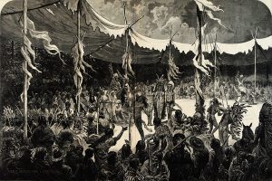 Jules Tavernier, Indian Sun Dance - Young Bucks Proving Their Endurance by Self-Torture, wood engraving, published in Harper's Weekly, January 2, 1875