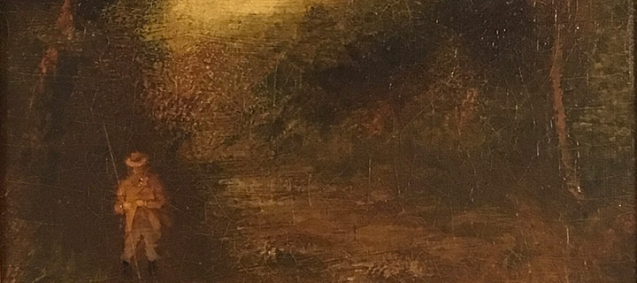 Ralph A. Blakelock, Trout Stream (fisherman), oil on canvas, n.d., 12 × 10"
