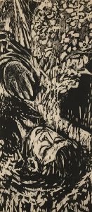 Roscoe Shields, Untitled (man in forest), woodcut (1/6), c. 1964