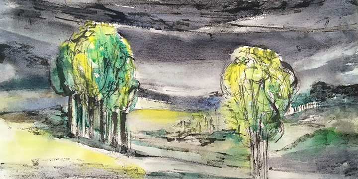 Freda Spaulding, Spring Landscape, watercolor, ink, n.d.