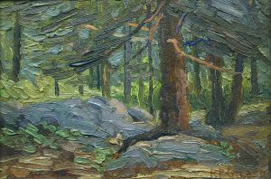 Robert F. Gilder, Spruce Trees, oil on board, n.d.