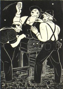 Dale Nichols, Untitled (men at cider press), woodblock print (48/60), n.d.