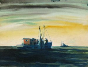 Dale Nichols, Untitled (fishing scene), watercolor, n.d.