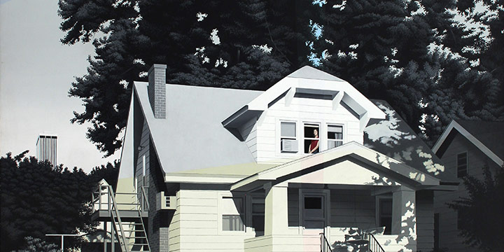 Peter Walkley, Untitled #1983 (white house with figure), acrylic on canvas, 1983, 50 × 40"