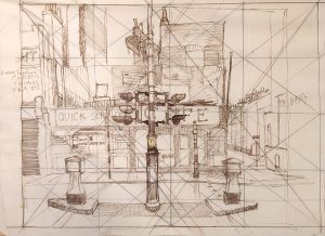 Leonard Thiessen, Untitled (preliminary sketch for Notting Hill Gate), ink, 1949 - 1950