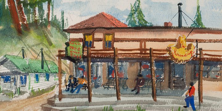 Katherine (Kady) Burnap Faulkner, The Meeting Place: Evergreen Drugstore & the "Round Up" Cafe, watercolor, 1950