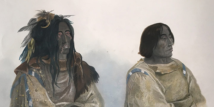 Karl Bodmer, Mehkskeme-Sukahs, Blackfoot Chief & Tatsicki-Stomick, Pickann Chief, handcolored aquatint, mezzotint, etching, and stippling, 1840