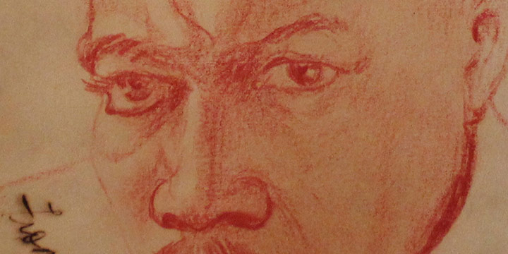 Aaron Douglas, Self Portrait, ink, red pencil, c. 1925, 6½ × 5&frac12";