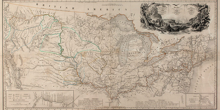 Karl Bodmer, Map to Illustrate the Route of Prince Maximilian of Wied in the Interior of North America from Boston to the Upper Missouri in 1832, 33, & 34, handcolored aquatint, 1840