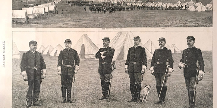 John A. Finch, The Great Military Encampment at Camp Brooke, Kearney, Nebraska, wood engraving, published in Harper’s Weekly, October 27, 1888, 11 × 16"