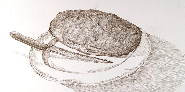 Myron R. Heise, Bread and Knife (Beverly’s Bread), ink on paper, 1970