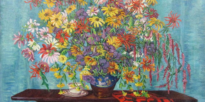Berthe Koch, Untitled (floral still life with table) oil on canvas, n.d.