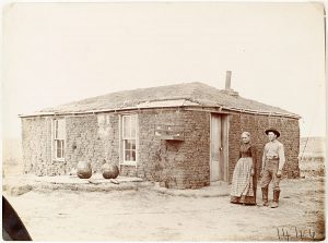 Solomon D. Butcher, Southwest Custer County, Nebraska 1892 (sod house, pumpkins, bird cage), black & white photograph, c. 1892