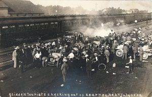 Solomon D. Butcher, Glidden Tourists Checking Out of Kearney, Nebr. July 23 ‘09, postcard with original black & white photograph, c. 1908