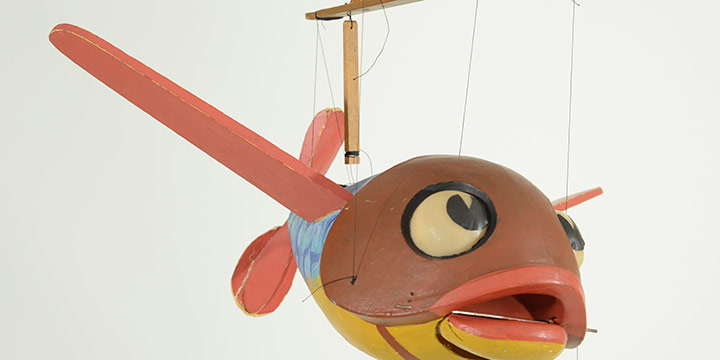 Bil Baird, Untitled (flying fish marionette), wood, cast resin, cardboard, battery powered motor, paint, string, leather, n.d.