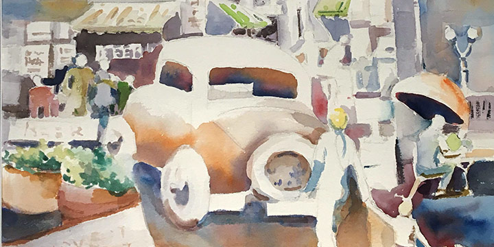 Carleen Steckelberg Williams , Busy Street Corner, watercolor, 1990