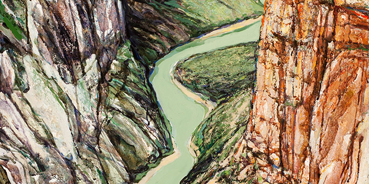 Richard Wiegmann, Green River: Dinosaur National Monument, (triptych panel a), acrylic, modeling paste, pumice on canvas , 2001