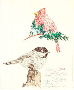 Robert Weaver, Two Birds (cardinal and chickadee), ink, marker, 1983