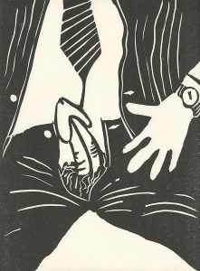 Linda Benton, The Book of Bad Things-Volume 1, Women - Does This Mean You Love Me?, artist book: linocut (1/4), 1998
