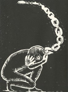 Andrea Dickkut, The Book of Bad Things-Volume 1, Women - The Pit, artist book: linocut (1/4), 1998