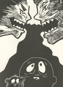 Peggy Reinecke, The Book of Bad Things-Volume 2, Children - Legacy, artist book: linocut (1/4), 1998