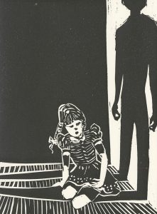 Amy Sadle, The Book of Bad Things-Volume 2, Children - Childhood Shadows, artist book: linocut (1/4), 1998