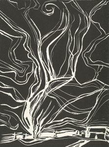Betty Foster, The Book of Bad Things-Volume 3, Society - Tornado, artist book: linocut (1/4), 1998