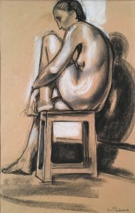 Leonard Thiessen, Nude on Stool, black & white chalk, c. 1937