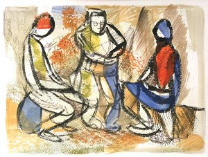 Leonard Thiessen, Untitled (study for three seated figures), watercolor, ink, n.d.