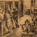 Leonard Thiessen, Dock Side Bar, Montreal, black crayon, 1945