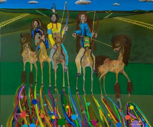 Denton Fast Whirlwind, Keepers of the Sacred Hunt, acrylic, enamel finish; 2016, Collection of the Artist