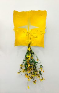 Medicine Wheel 4, plaster, acrylic, prayer ties, flowers; 2015, Collection of the Artist