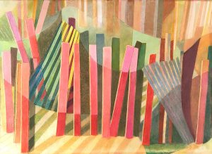 Myra Biggerstaff, Fire Island Fences II (also titled Fire Island Sunset), collage, watercolor, n.d.