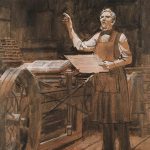 John Falter, Man Under Skylight in Press Room (sketch for Morman Visitor’s Center, Independence, Missouri), graphite, tempera on paper, n.d.