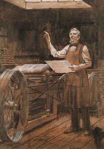 John Falter, Man Under Skylight in Press Room (sketch for Morman Visitor’s Center, Independence, Missouri), graphite, tempera on paper, n.d.
