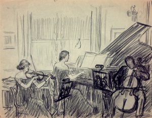 Grant Reynard, Norfleet Trio, Peterborough, New Hampshire Sketch #1, charcoal, n.d., 8½ × 11"