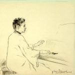 Grant Reynard, Untitled (woman playing piano, MacDowell Colony, Peterborough, New Hampshire), charcoal, n.d.