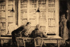 Grant Reynard, Fiske Boyd & Mr. Ivins in Print Room, etching, n.d.